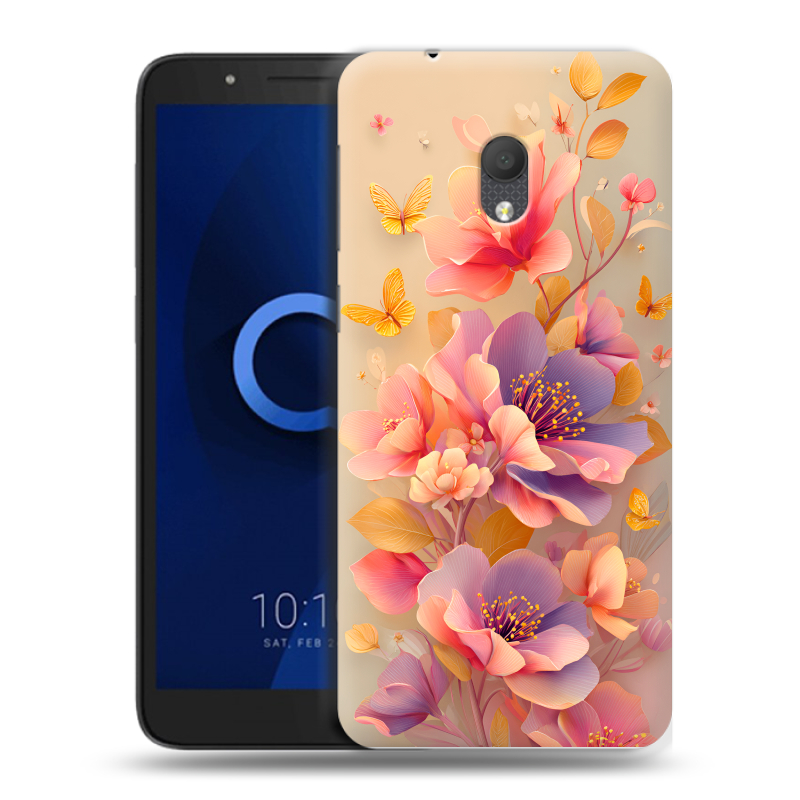 Силиконовый чехол на Alcatel 1C (2019) с принтом Цветы и бабочки Силиконовый чехол на Alcatel 1C (2019) с принтом Цветы и бабочки