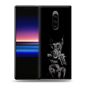 Силиконовый чехол на Sony Xperia 1 с принтом Доберман и пистолет Силиконовый чехол на Sony Xperia 1 с принтом Доберман и пистолет