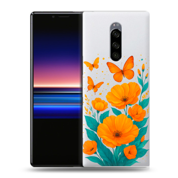 Силиконовый чехол на Sony Xperia 1 с принтом цветы бабочки Силиконовый чехол на Sony Xperia 1 с принтом цветы бабочки