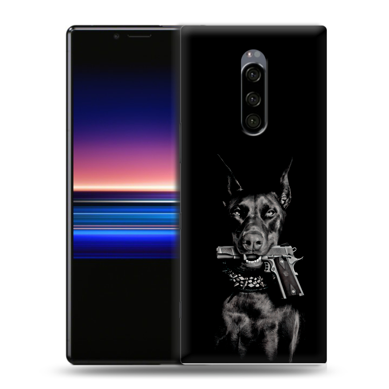 Пластиковый чехол на Sony Xperia 1 с принтом Доберман и пистолет Пластиковый чехол на Sony Xperia 1 с принтом Доберман и пистолет