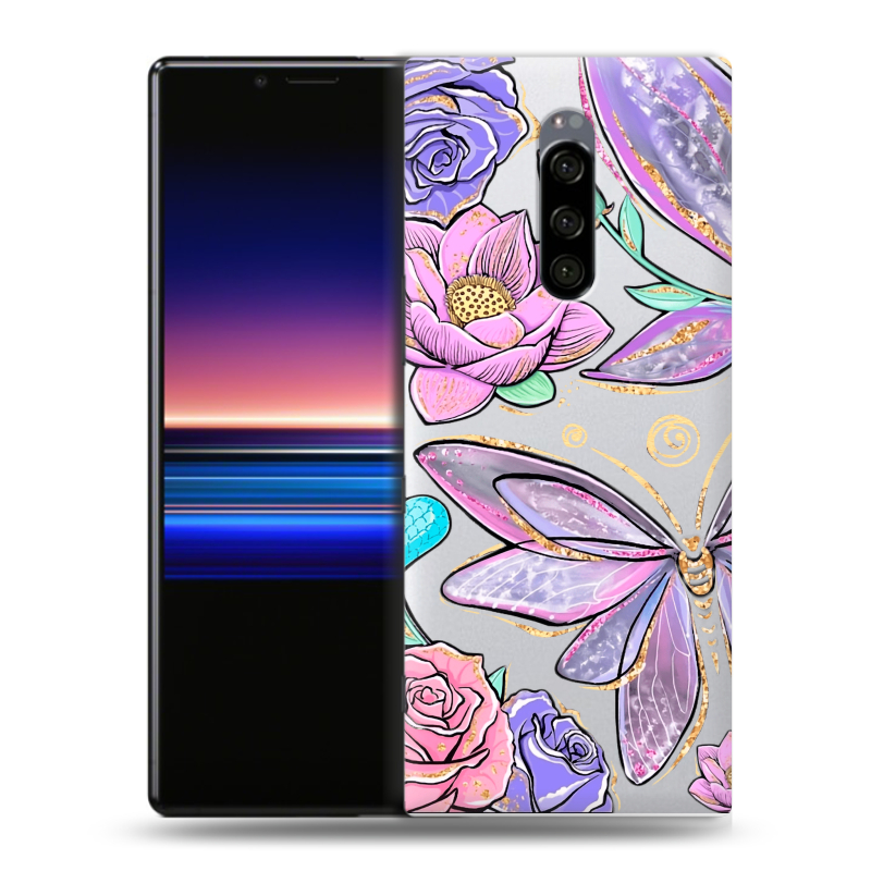 Пластиковый чехол на Sony Xperia 1 с принтом Бабочки и цветы Пластиковый чехол на Sony Xperia 1 с принтом Бабочки и цветы