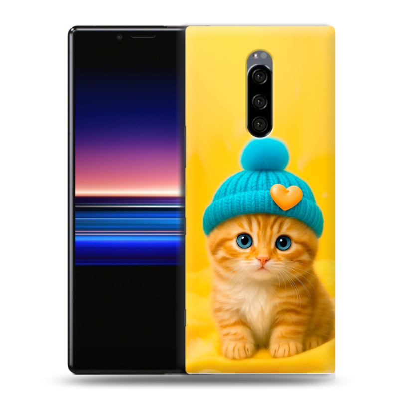 Пластиковый чехол на Sony Xperia 1 с принтом Котенок в шапке Пластиковый чехол на Sony Xperia 1 с принтом Котенок в шапке