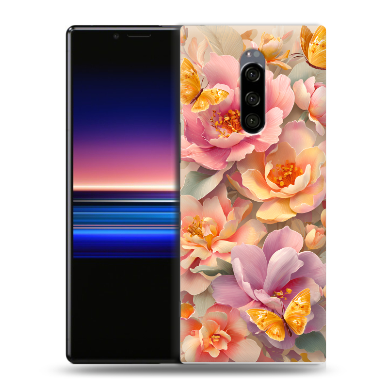 Пластиковый чехол на Sony Xperia 1 с принтом Цветы и бабочки Пластиковый чехол на Sony Xperia 1 с принтом Цветы и бабочки