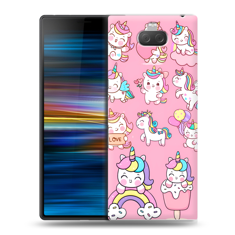 Пластиковый чехол на Sony Xperia 10 Plus с принтом Единороги и радуга Пластиковый чехол на Sony Xperia 10 Plus с принтом Единороги и радуга
