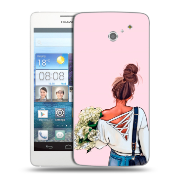 Пластиковый чехол на Huawei Ascend D2 с принтом Девушка и букет Пластиковый чехол на Huawei Ascend D2 с принтом Девушка и букет