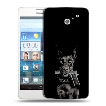 Пластиковый чехол на Huawei Ascend D2 с принтом Доберман и пистолет Пластиковый чехол на Huawei Ascend D2 с принтом Доберман и пистолет