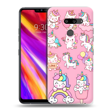 Пластиковый чехол на LG G8 ThinQ с принтом Единороги и радуга