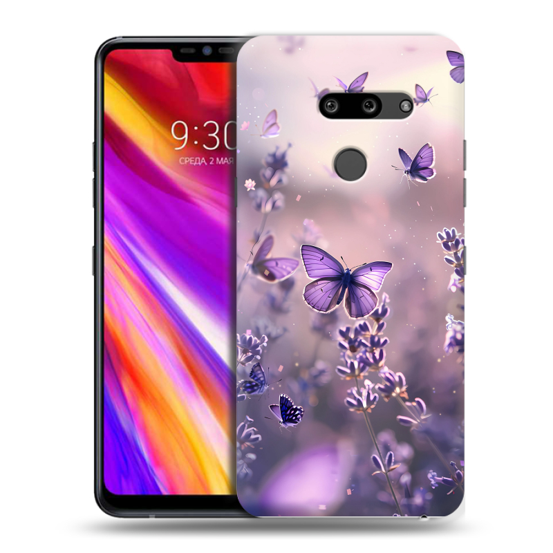 Пластиковый чехол на LG G8 ThinQ с принтом бабочки и лаванда Пластиковый чехол на LG G8 ThinQ с принтом бабочки и лаванда