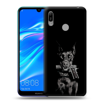 Силиконовый противоударный чехол на Huawei Y6 (2019) с принтом Доберман и пистолет
