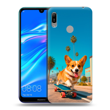 Силиконовый противоударный чехол на Huawei Y6 (2019) с принтом Корги на скейте