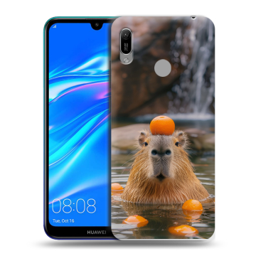Силиконовый противоударный чехол на Huawei Y6 (2019) с принтом Капибара с апельсином