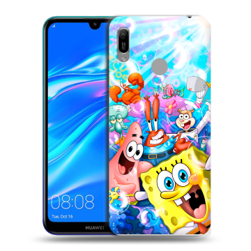 Силиконовый противоударный чехол на Huawei Y6 (2019) с принтом спанчбоб спанч боб