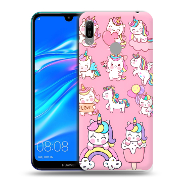 Силиконовый противоударный чехол на Huawei Y6 (2019) с принтом Единороги и радуга