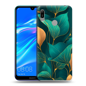 Силиконовый противоударный чехол на Huawei Y6 (2019) с принтом Листья и золото