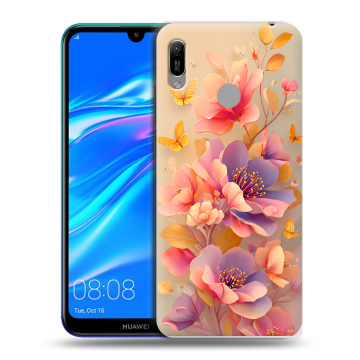 Силиконовый противоударный чехол на Huawei Y6 (2019) с принтом Цветы и бабочки
