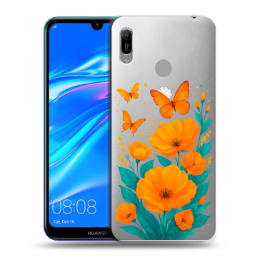 Силиконовый противоударный чехол на Huawei Y6 (2019) с принтом цветы бабочки
