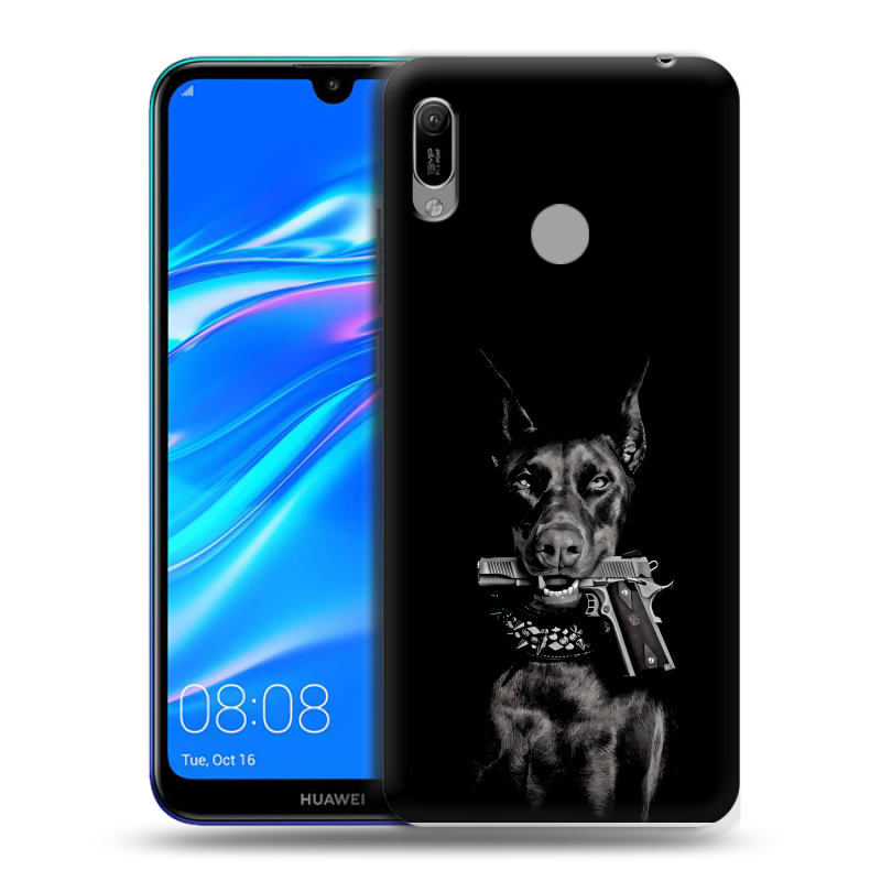 Пластиковый чехол на Huawei Y6 (2019) с принтом Доберман и пистолет Пластиковый чехол на Huawei Y6 (2019) с принтом Доберман и пистолет