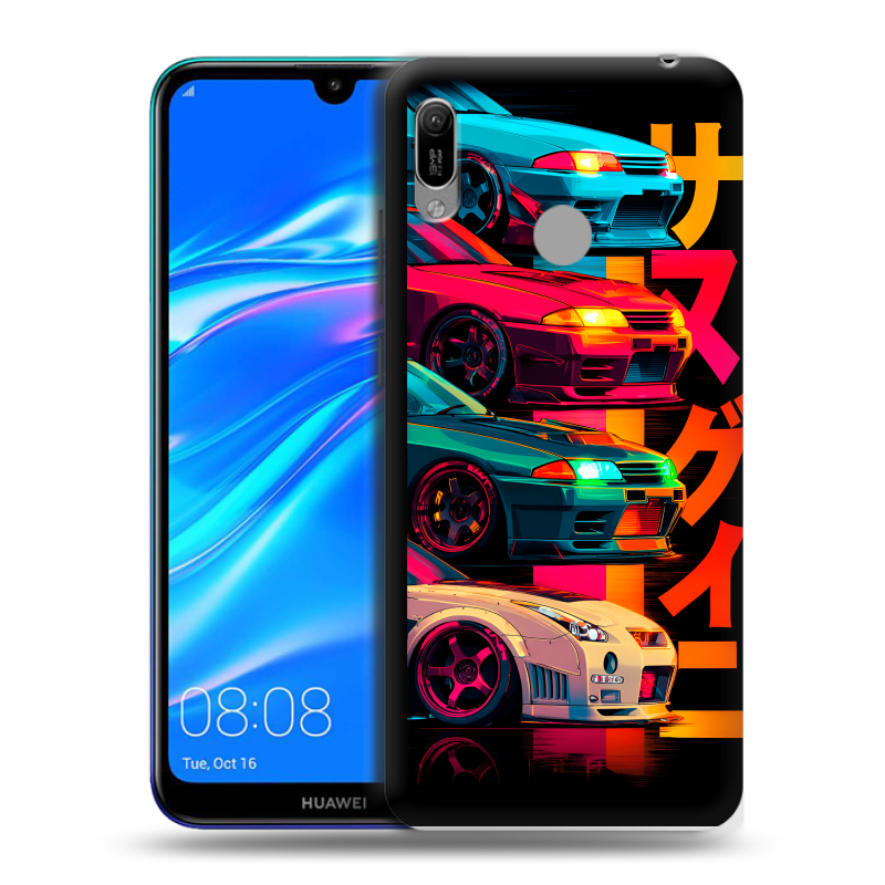 Силиконовый противоударный чехол на Huawei Y6 (2019) с принтом Гоночные машины Силиконовый противоударный чехол на Huawei Y6 (2019) с принтом Гоночные машины