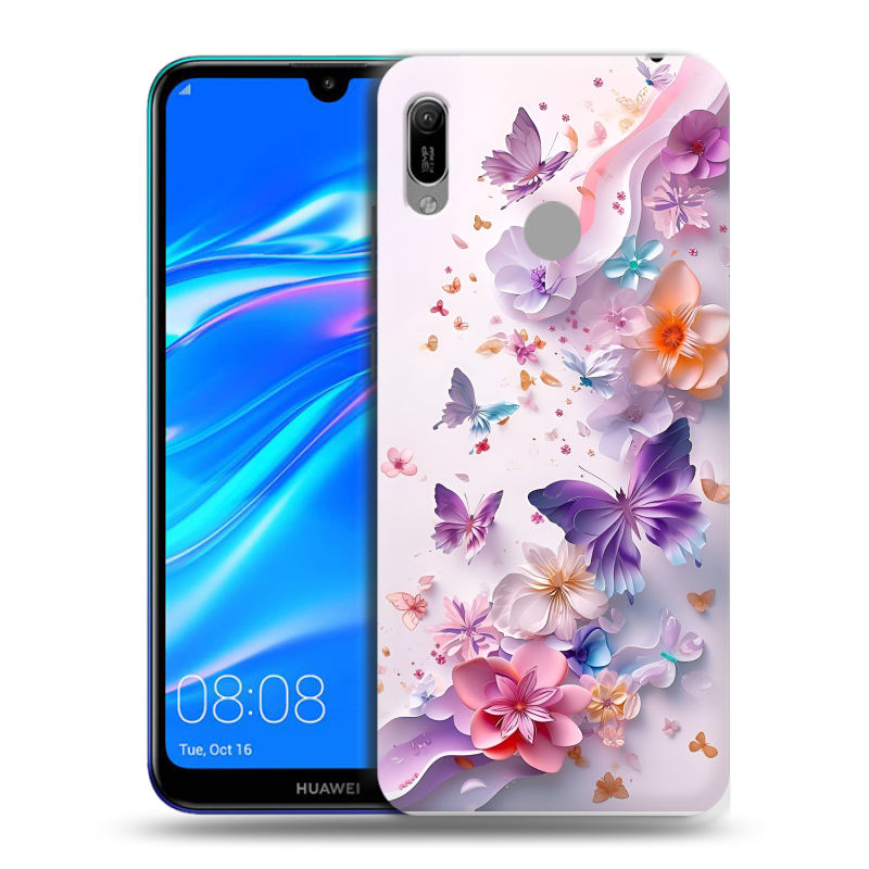 Силиконовый противоударный чехол на Huawei Y6 (2019) с принтом цветы бабочки Силиконовый противоударный чехол на Huawei Y6 (2019) с принтом цветы бабочки