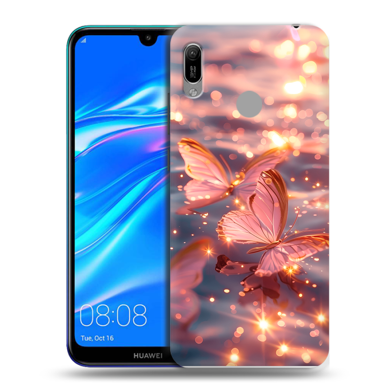 Пластиковый чехол на Huawei Y6 (2019) с принтом бабочки розовые Пластиковый чехол на Huawei Y6 (2019) с принтом бабочки розовые