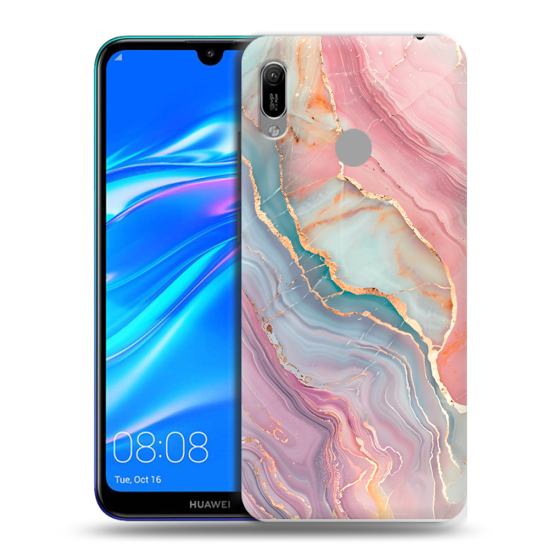 Силиконовый противоударный чехол на Huawei Y6 (2019) с принтом розовый мрамор Силиконовый противоударный чехол на Huawei Y6 (2019) с принтом розовый мрамор