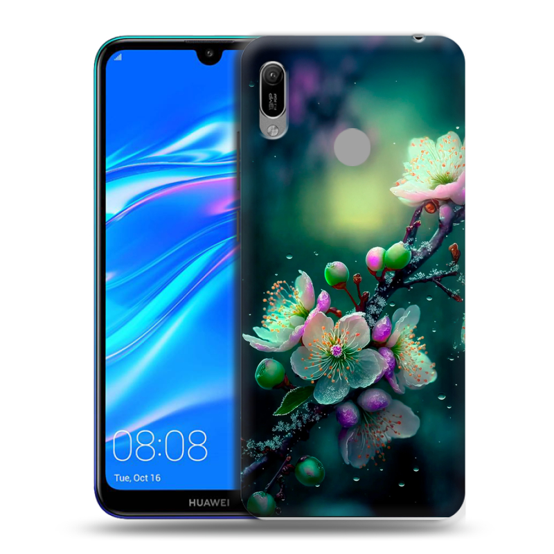 Силиконовый противоударный чехол на Huawei Y6 (2019) с принтом Цветы и мрамор Силиконовый противоударный чехол на Huawei Y6 (2019) с принтом Цветы и мрамор