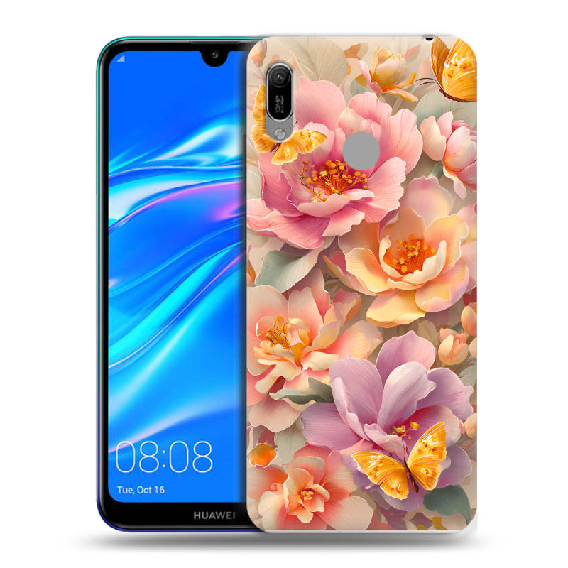 Силиконовый противоударный чехол на Huawei Y6 (2019) с принтом Цветы и бабочки Силиконовый противоударный чехол на Huawei Y6 (2019) с принтом Цветы и бабочки