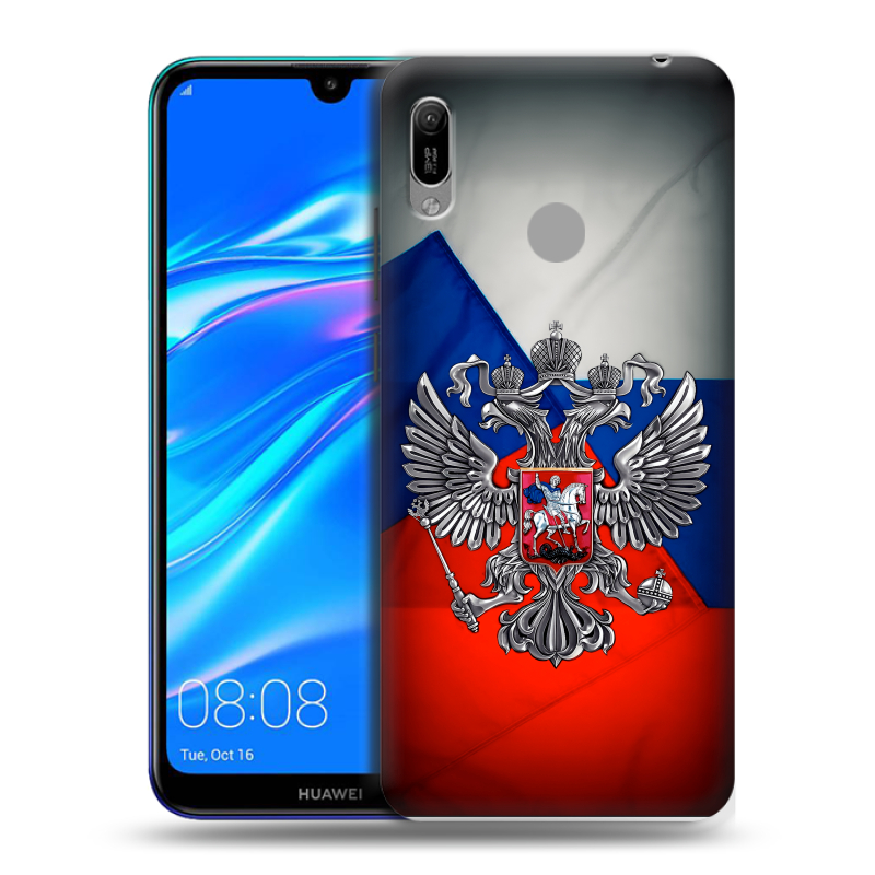 Силиконовый противоударный чехол на Huawei Y6 (2019) с принтом Флаг России Силиконовый противоударный чехол на Huawei Y6 (2019) с принтом Флаг России