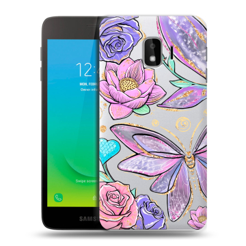 Силиконовый противоударный чехол на Samsung Galaxy J2 Core с принтом Бабочки и цветы Силиконовый противоударный чехол на Samsung Galaxy J2 Core с принтом Бабочки и цветы