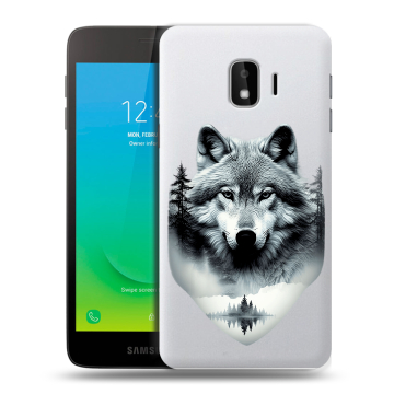 Силиконовый противоударный чехол на Samsung Galaxy J2 Core с принтом Волк в лесу Силиконовый противоударный чехол на Samsung Galaxy J2 Core с принтом Волк в лесу