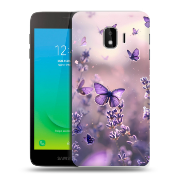 Силиконовый противоударный чехол на Samsung Galaxy J2 Core с принтом бабочки и лаванда Силиконовый противоударный чехол на Samsung Galaxy J2 Core с принтом бабочки и лаванда