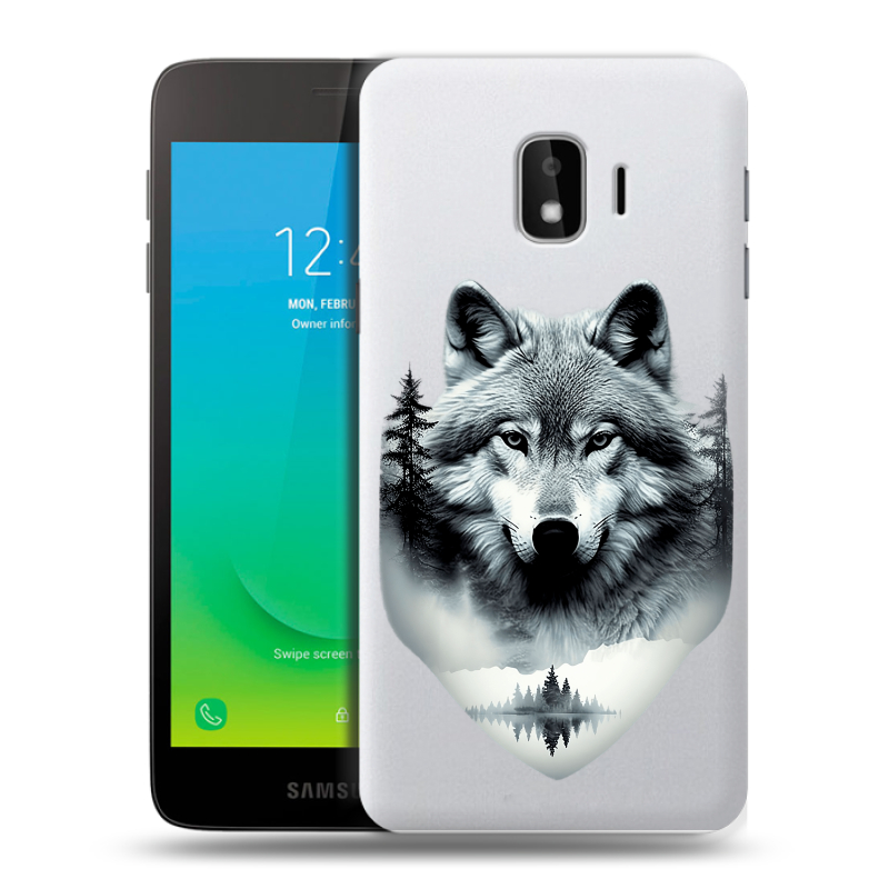 Пластиковый чехол на Samsung Galaxy J2 Core с принтом Волк в лесу Пластиковый чехол на Samsung Galaxy J2 Core с принтом Волк в лесу