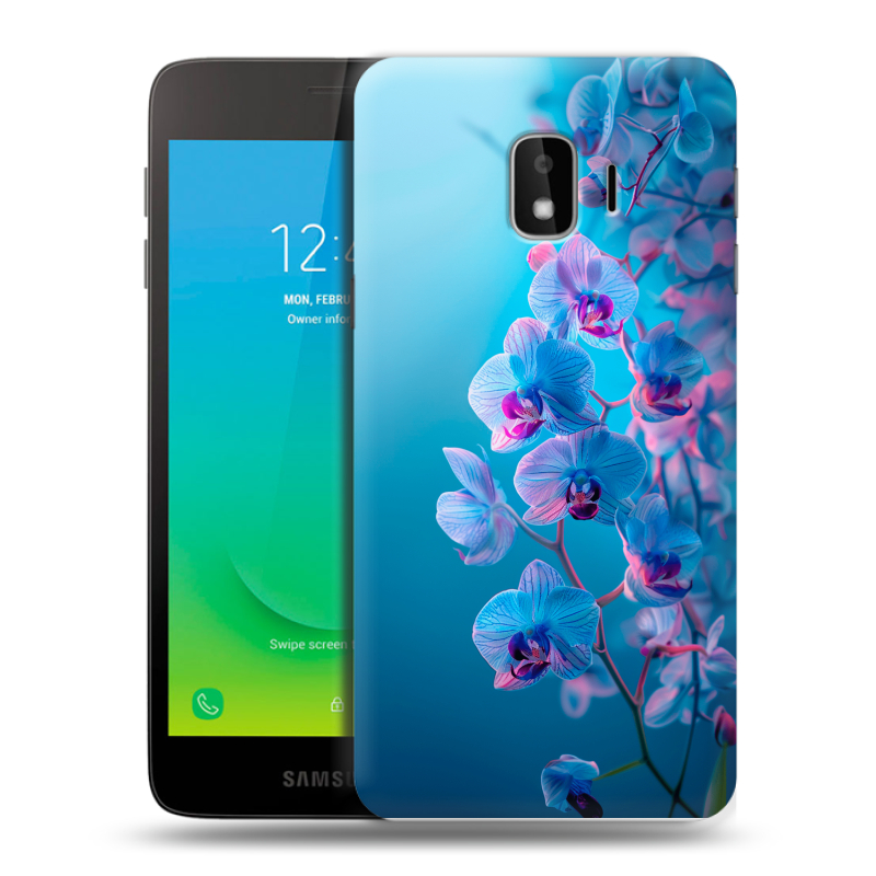 Силиконовый противоударный чехол на Samsung Galaxy J2 Core с принтом голубые орхидеи Силиконовый противоударный чехол на Samsung Galaxy J2 Core с принтом голубые орхидеи