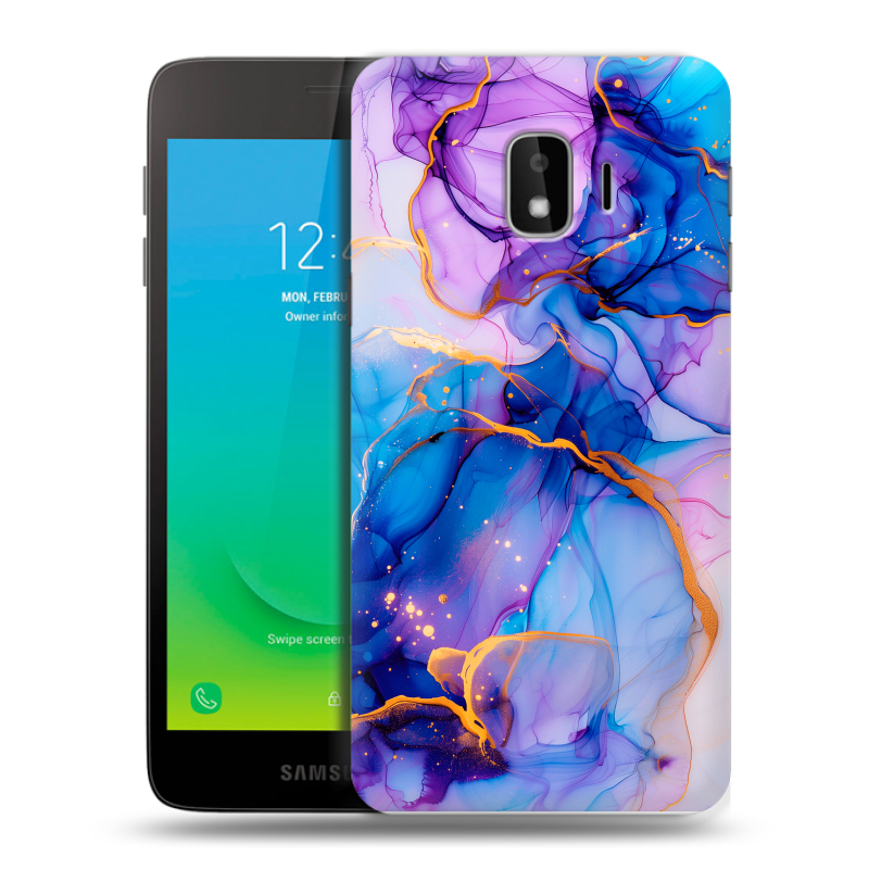 Силиконовый противоударный чехол на Samsung Galaxy J2 Core с принтом синий мрамор Силиконовый противоударный чехол на Samsung Galaxy J2 Core с принтом синий мрамор