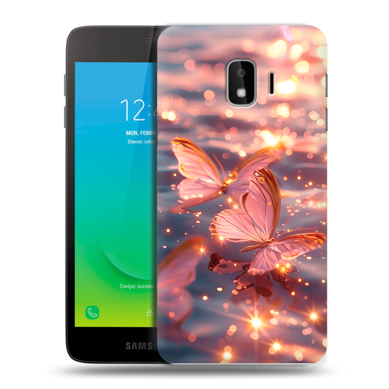 Силиконовый противоударный чехол на Samsung Galaxy J2 Core с принтом бабочки розовые Силиконовый противоударный чехол на Samsung Galaxy J2 Core с принтом бабочки розовые