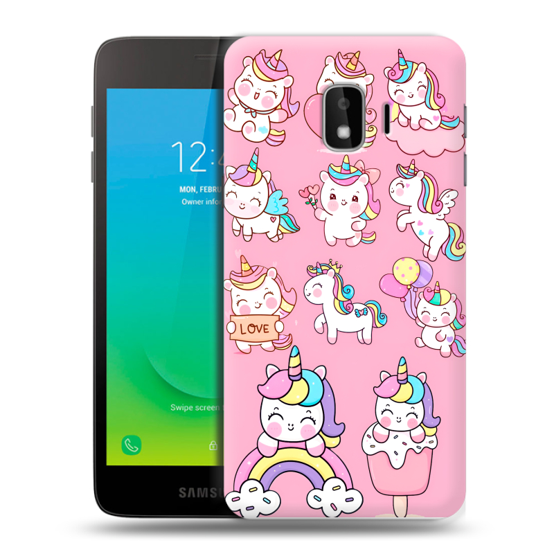 Силиконовый противоударный чехол на Samsung Galaxy J2 Core с принтом Единороги и радуга Силиконовый противоударный чехол на Samsung Galaxy J2 Core с принтом Единороги и радуга
