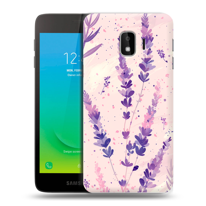 Силиконовый противоударный чехол на Samsung Galaxy J2 Core с принтом цветы лаванда Силиконовый противоударный чехол на Samsung Galaxy J2 Core с принтом цветы лаванда