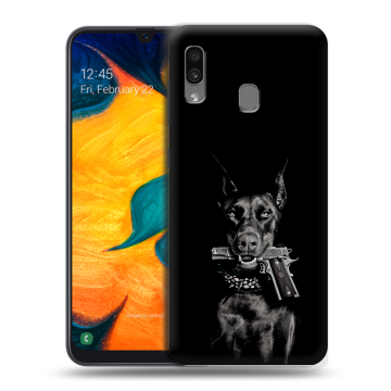 Силиконовый чехол на Samsung Galaxy A30 с принтом Доберман и пистолет Силиконовый чехол на Samsung Galaxy A30 с принтом Доберман и пистолет