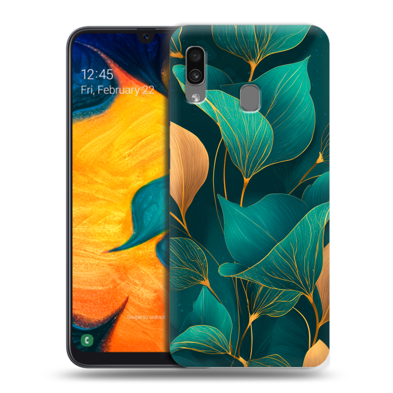 Силиконовый противоударный чехол на Samsung Galaxy A30 с принтом Листья и золото Силиконовый противоударный чехол на Samsung Galaxy A30 с принтом Листья и золото
