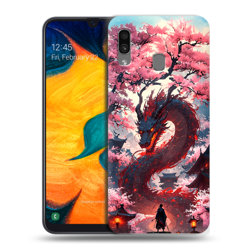 Силиконовый противоударный чехол на Samsung Galaxy A30 с принтом Дракон Японский Силиконовый противоударный чехол на Samsung Galaxy A30 с принтом Дракон Японский