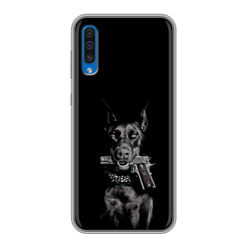Силиконовый чехол на Samsung Galaxy A50 с принтом Доберман и пистолет Силиконовый чехол на Samsung Galaxy A50 с принтом Доберман и пистолет