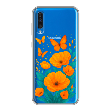 Силиконовый чехол на Samsung Galaxy A50 с принтом цветы бабочки Силиконовый чехол на Samsung Galaxy A50 с принтом цветы бабочки
