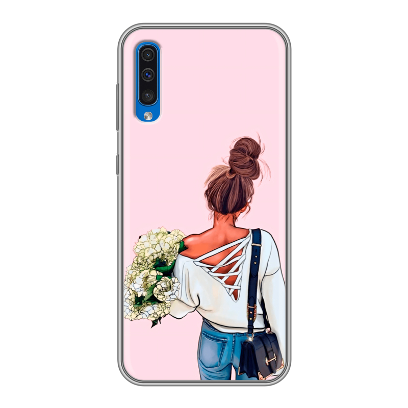 Силиконовый противоударный чехол на Samsung Galaxy A50 с принтом Девушка и букет Силиконовый противоударный чехол на Samsung Galaxy A50 с принтом Девушка и букет