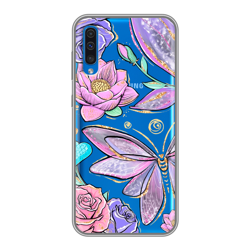 Силиконовый противоударный чехол на Samsung Galaxy A50 с принтом Бабочки и цветы Силиконовый противоударный чехол на Samsung Galaxy A50 с принтом Бабочки и цветы