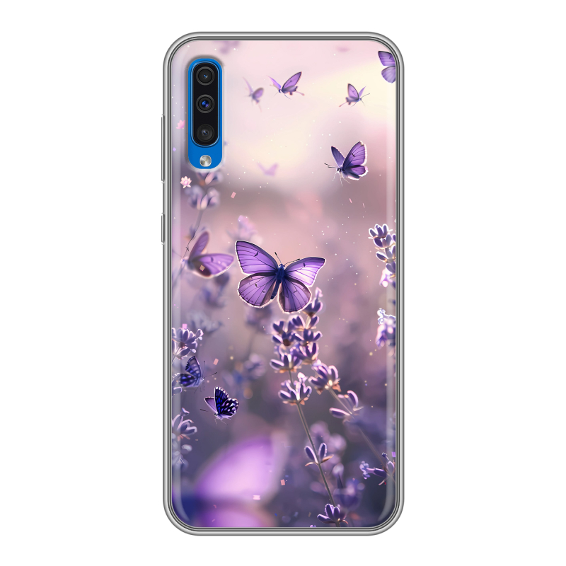 Силиконовый противоударный чехол на Samsung Galaxy A50 с принтом бабочки и лаванда Силиконовый противоударный чехол на Samsung Galaxy A50 с принтом бабочки и лаванда