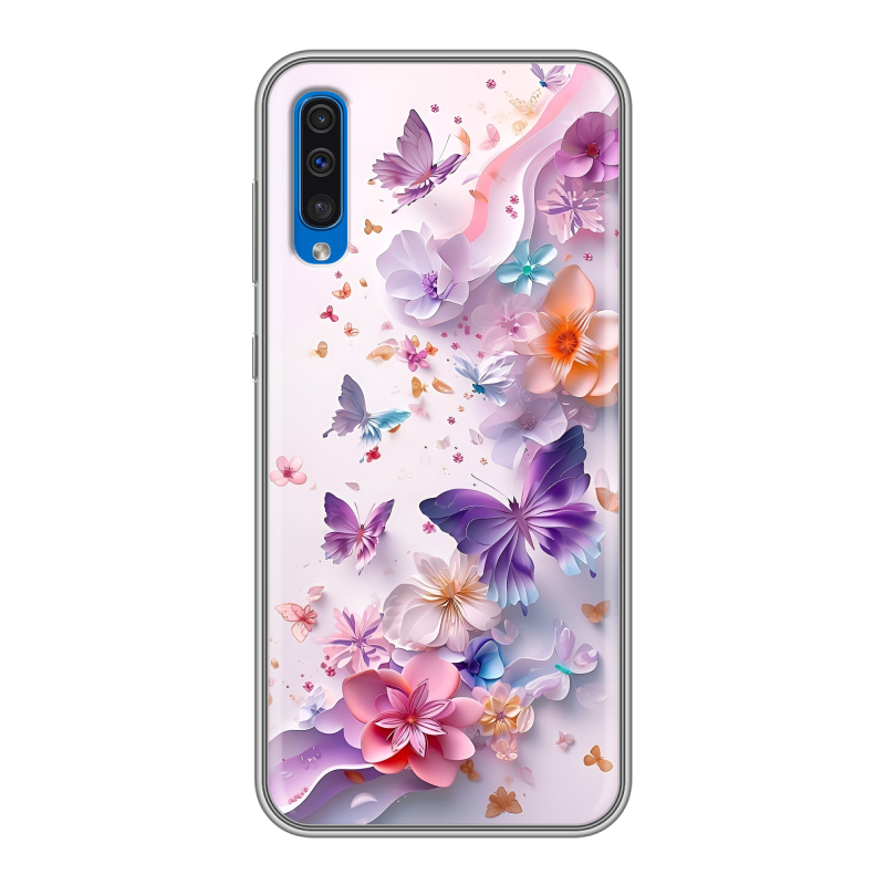 Силиконовый противоударный чехол на Samsung Galaxy A50 с принтом цветы бабочки Силиконовый противоударный чехол на Samsung Galaxy A50 с принтом цветы бабочки