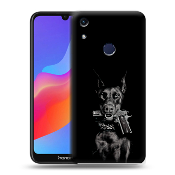 Силиконовый противоударный чехол на Huawei Honor 8A с принтом Доберман и пистолет Силиконовый противоударный чехол на Huawei Honor 8A с принтом Доберман и пистолет