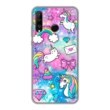 Силиконовый чехол на Huawei P30 Lite с принтом Единороги Силиконовый чехол на Huawei P30 Lite с принтом Единороги