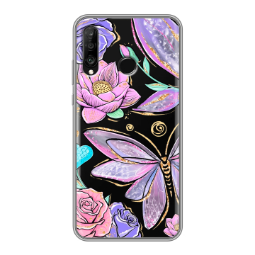Силиконовый чехол на Huawei P30 Lite с принтом Бабочки и цветы Силиконовый чехол на Huawei P30 Lite с принтом Бабочки и цветы