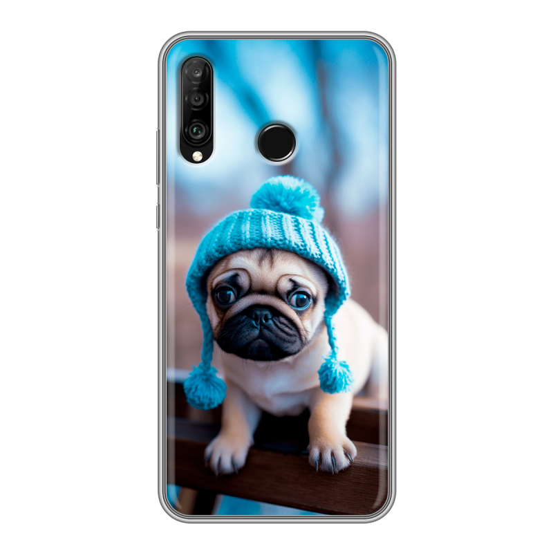 Силиконовый чехол на Huawei P30 Lite с принтом Мопс в шапке Силиконовый чехол на Huawei P30 Lite с принтом Мопс в шапке